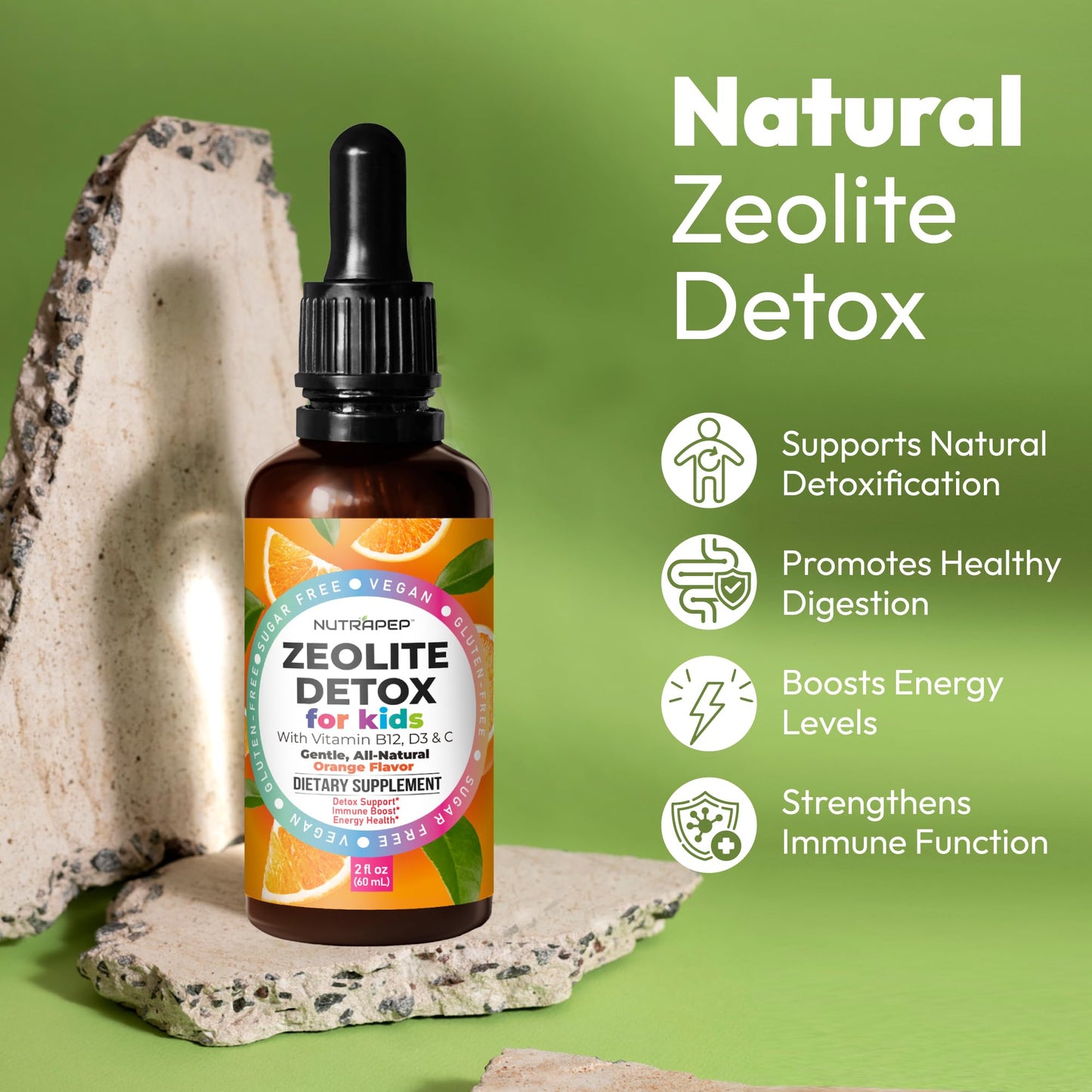 NutraPep Zeolite Detox for Kids - Gentle Micronized Clinoptilolite Supplement with Vitamin B12 C D - Full Body Cleanse Liquid Drops for Children Toddlers - Orange Flavor Vegan Gluten-Free