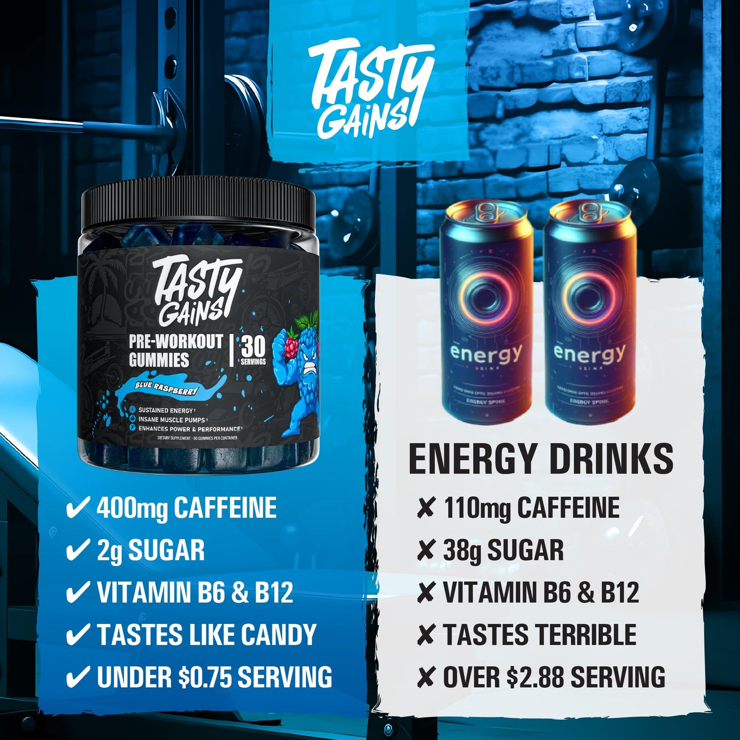 TASTY GAINS - Pre-Workout Gummies - Energy & Focus Boost, Caffeine Gummies for Men & Women, 400mg of Caffeine, 60 Count (60 Count (Pack of 1), Blue Raspberry)