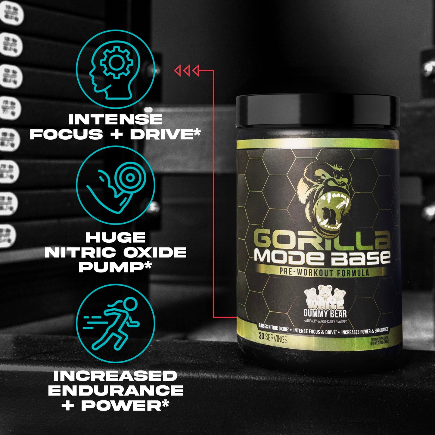 Gorilla Mind Base Pre Workout - Raises Nitric Oxide Intense Focus & Drive Endurance Power - L-Citrulline, L-Tyrosine, Betaine, Alpha-GPC, Caffeine, Huperzine A - 360 Grams (Watermelon)