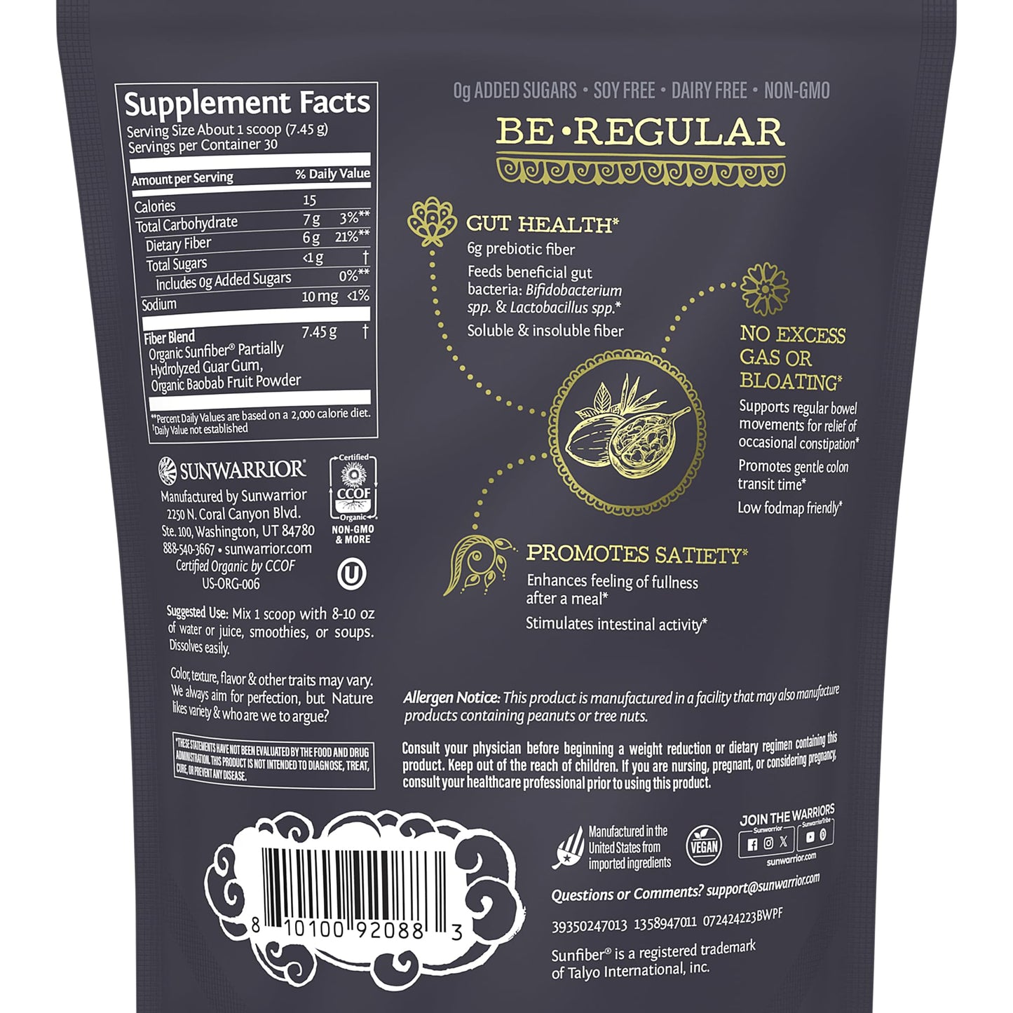 Sunwarrior Fiber Supplement Prebiotic Organic | Vegan Fiber Supplement Plant-Powered Gut Health Booster with Pure Ingredients for Digestive Harmony | Vegan & Non-GMO | 8oz Pouch (30 SRV) Be Well