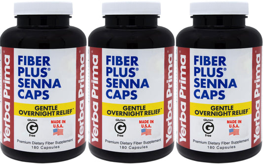 Yerba Prima Fiber Plus Senna Capsules, 180 Count (Pack of 3) - 118 Servings of Gentle Overnight Relief, USA Made, Non-GMO, for Short-Term Use to Restore Regularity