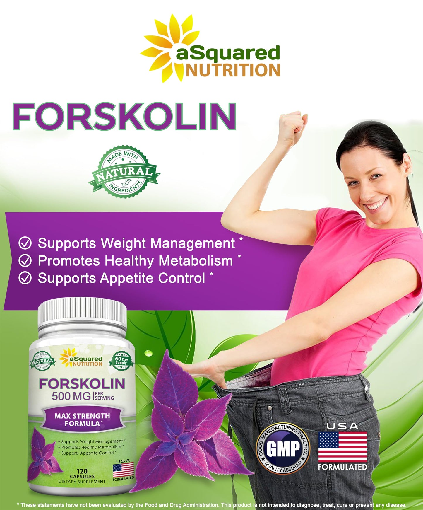 aSquared Nutrition Forskolin 500mg Max Strength -120 Capsules, Natural Supplement for Pure Weight Loss Fuel, Coleus Forskohlii Root-Forskolin Diet Pills, Belly Buster Pure Fat Burner 2X Slim Trim Lose