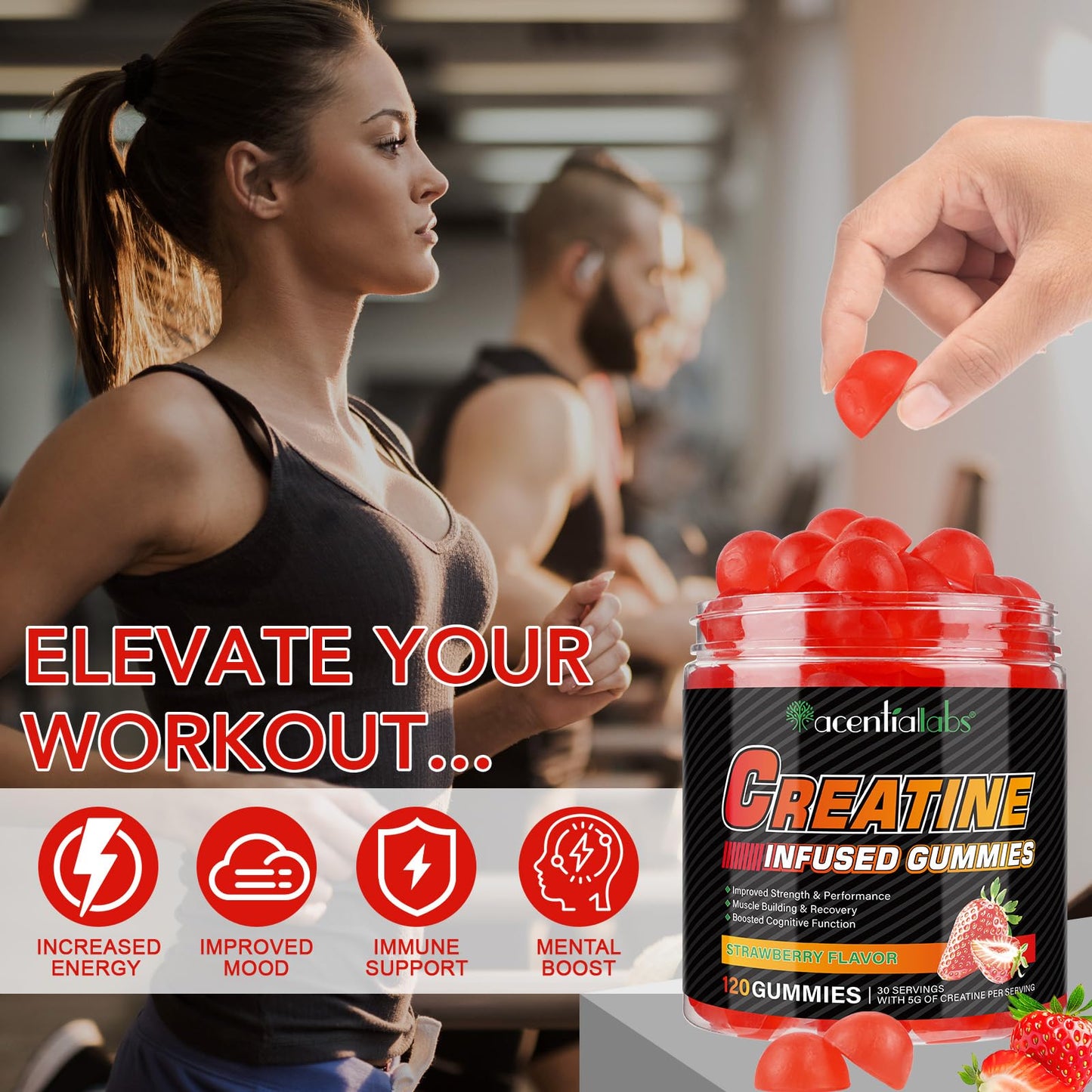 Creatine Monohydrate Gummies 5000mg for Men & Women, Creatine Monohydrate, L-Taurine, Vitamin B12 for Muscle Growth, Strength, Focus, Energy & Health, Sugar Free, Vegan, Strawberry Flavor, 120 Count