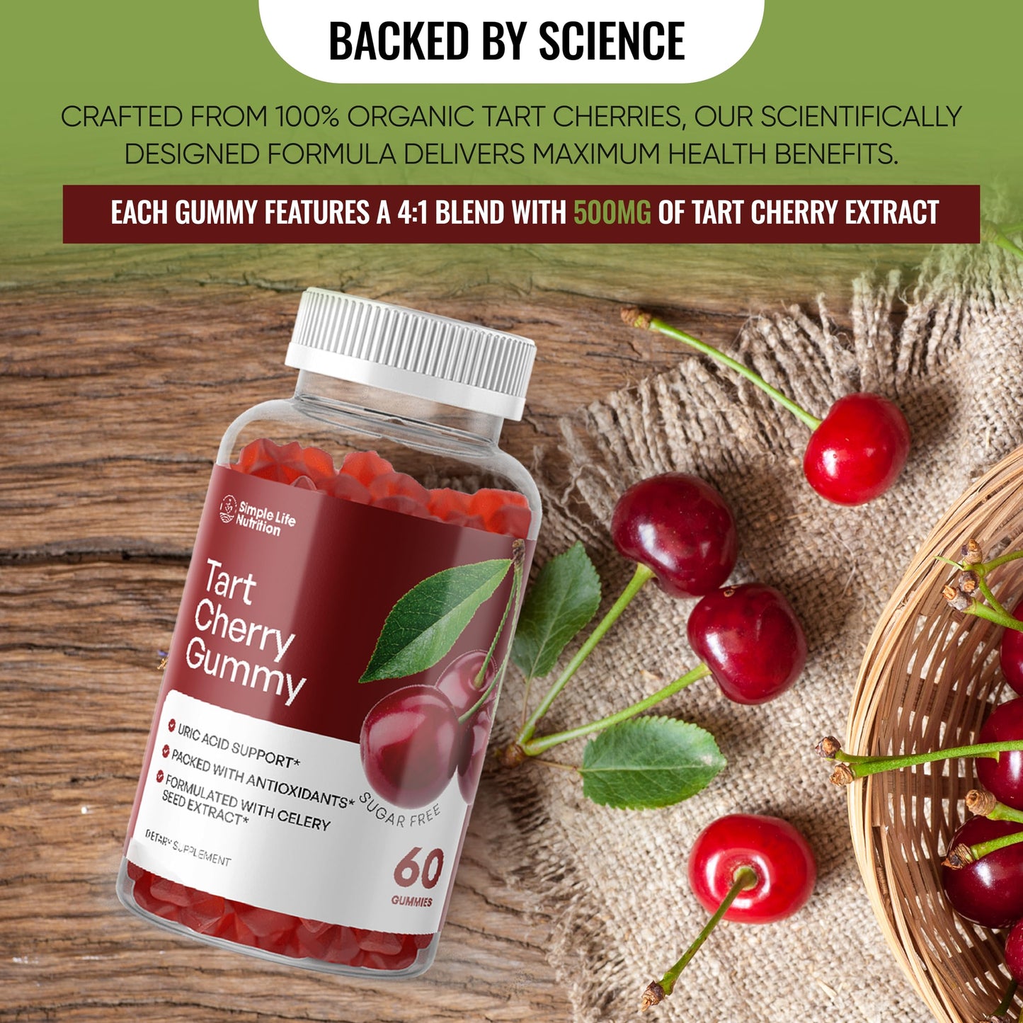 Simple Life Nutrition Tart Cherry Extract Gummies - Potent Antioxidant, Supports Joint Health & Recovery, Natural Sleep Aid, Non-GMO, Vegan-Friendly, Gluten-Free, 60 Count, 2,000MG