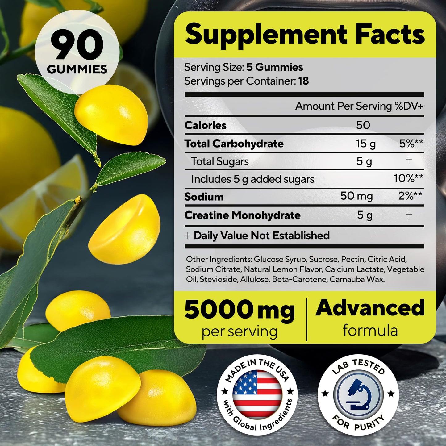 VitaUp Creatine Monohydrate Gummies for Men & Women - USA Made Monohydrate Creatine for Men 5g - Pre-Workout Gummies to Support Energy Levels, Training Endurance & Muscle Performance - 90 Count