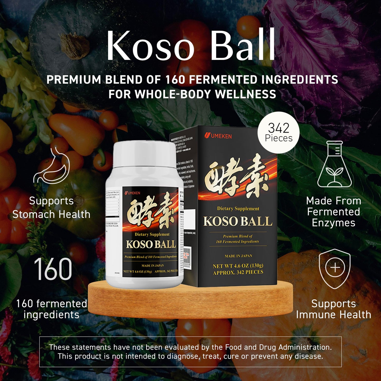 Koso Ball Infused with Pure 160 Fermented Ingredients, Supports Stomach & Intestine Health, Immune Health, Japanese Supplements for Overall Wellness & Balanced Nutrition, Small 342 Pieces, Pack of 2