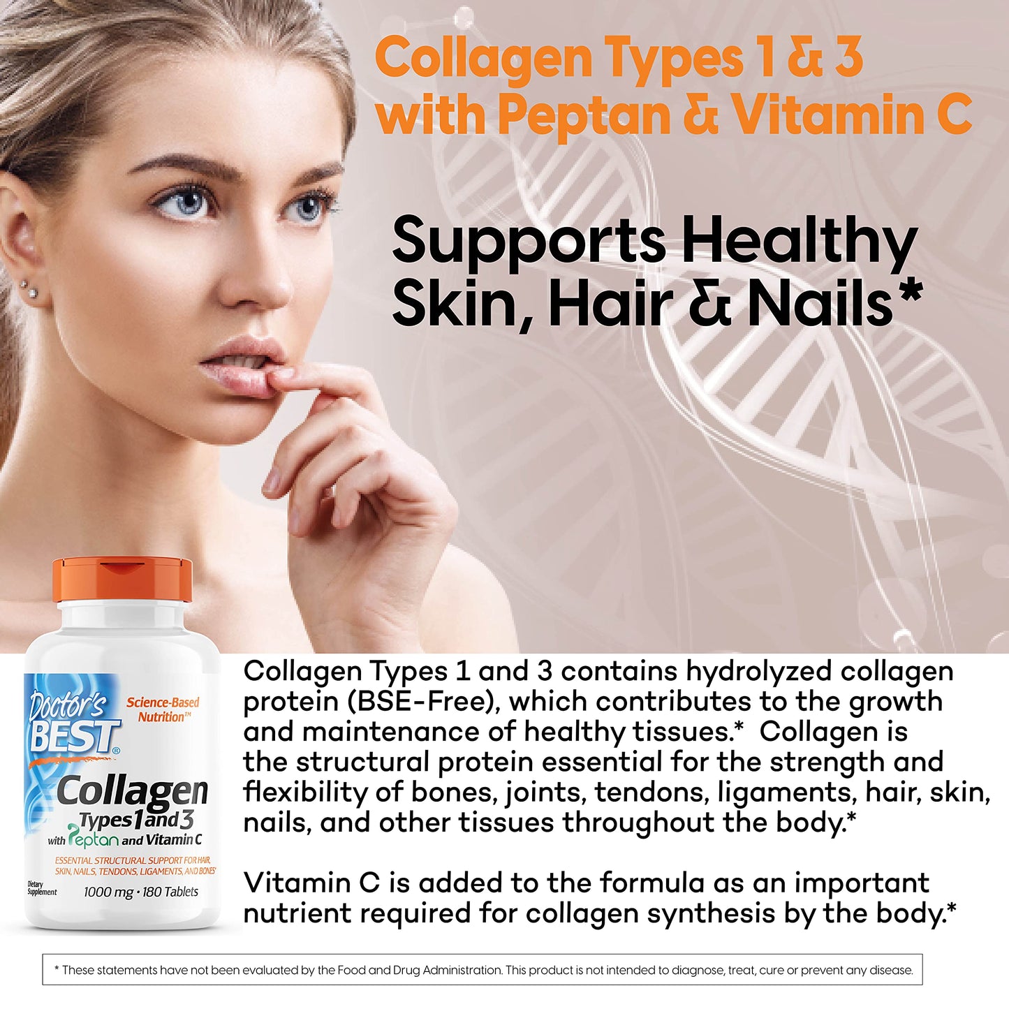 Doctor's Best Collagen Types 1 & 3 with Peptan, Non-GMO, Gluten Free, Soy Free, Supports Hair, Skin, Nails, Tendons & Bones, 1000 mg, 180 Tablets