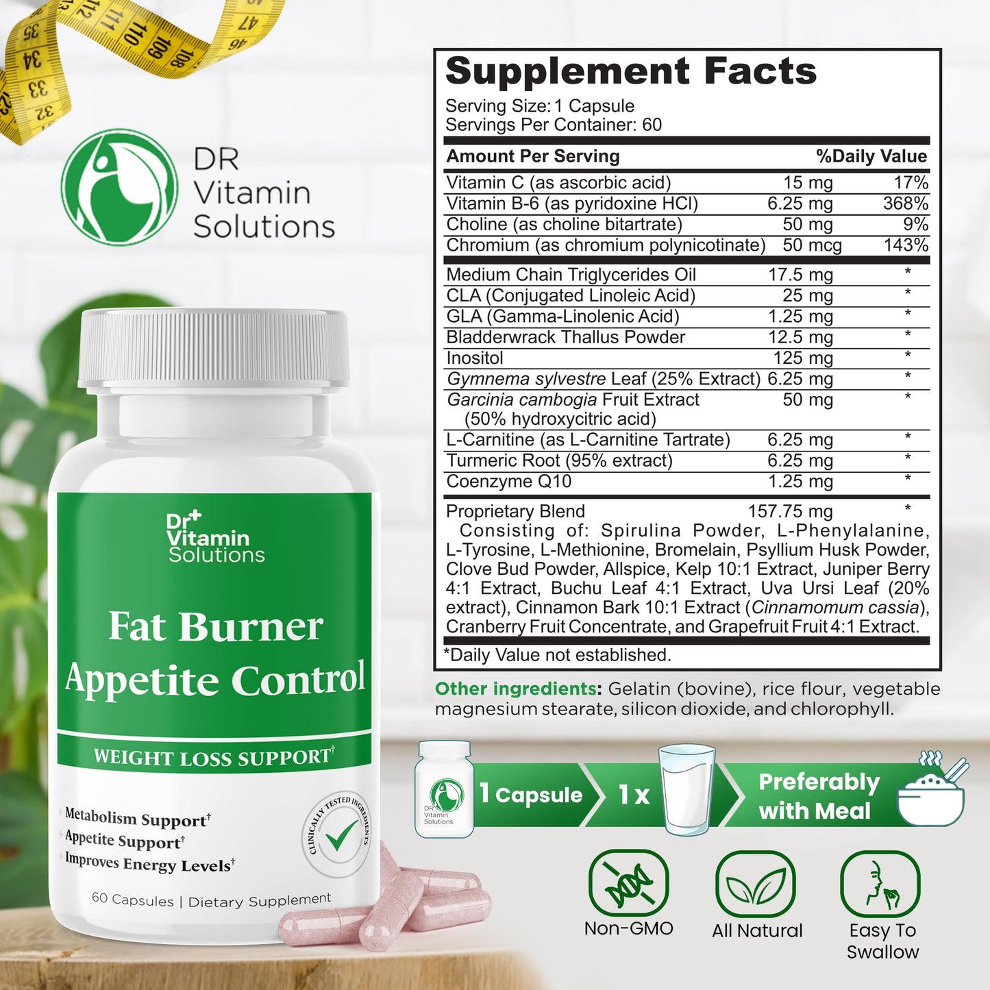 Dr. Vitamin Fat Burner & Appetite Control Weight Loss Supplements for Women & Men - Metabolism Booster w/ L-Carnitine, CLA, Chromium - Appetite Suppressant for Weight Loss - 60 Belly Fat Diet Pills
