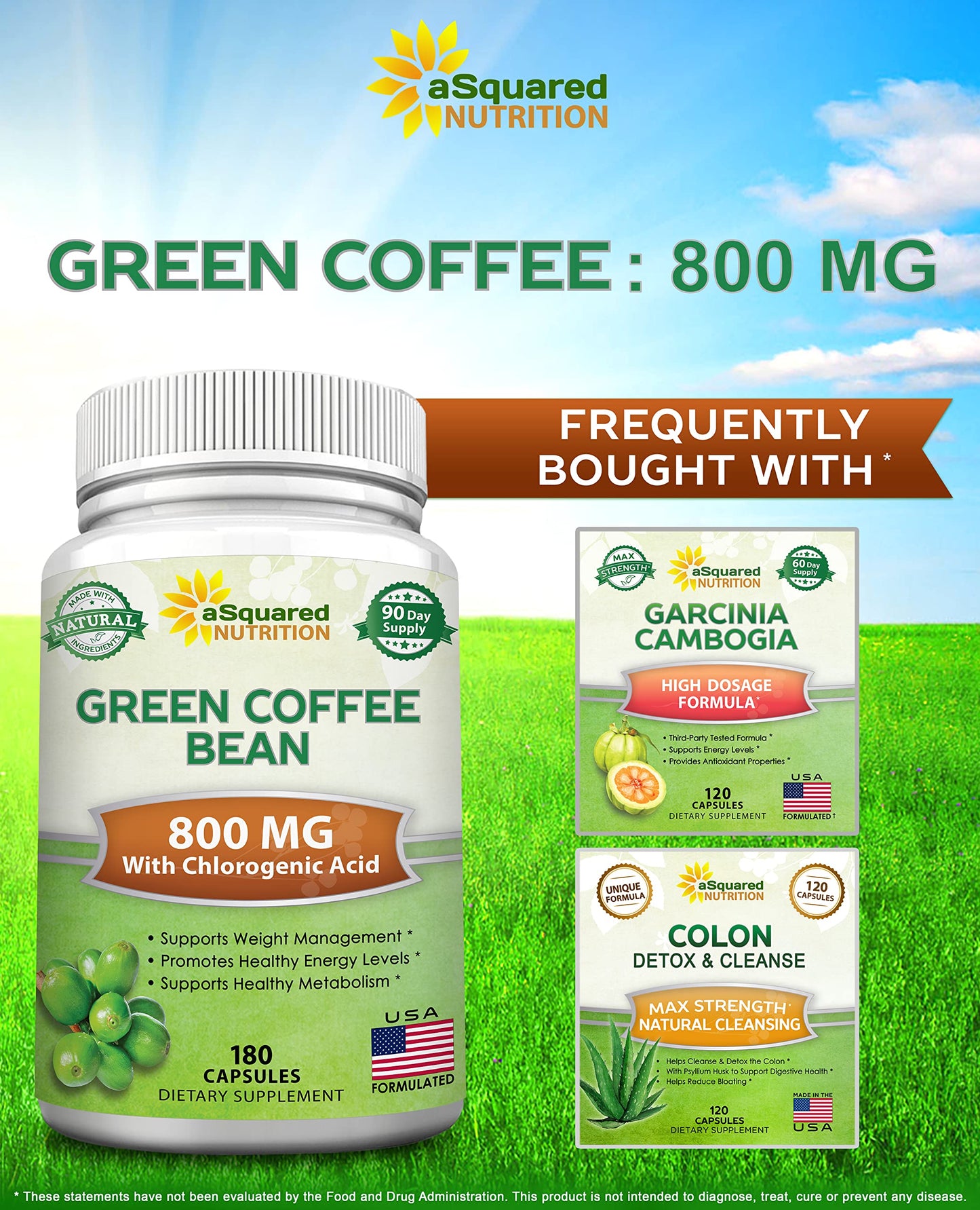 aSquared Nutrition Natural Green Coffee Bean Formula-180 Capsules-Max Strength GCA Antioxidant Cleanse for Pure Weight Loss, 800mg per Pill-Chlorogenic Acid-1600mg Daily Supplement, Healthy Fat Burner