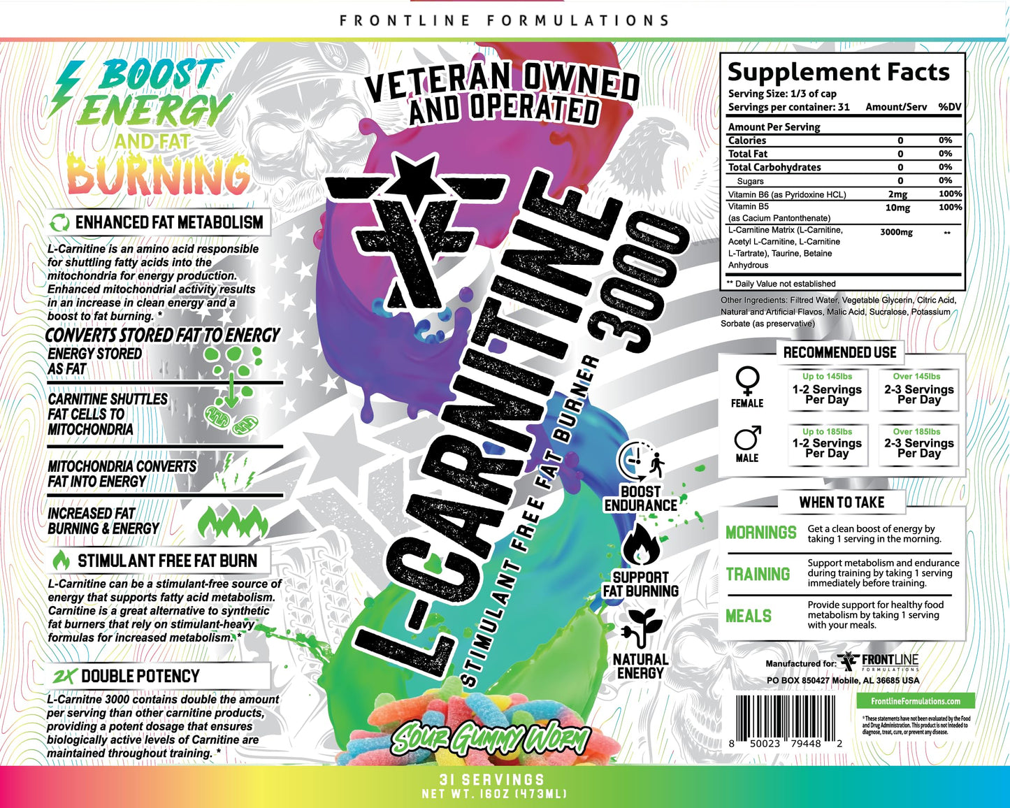 FRONTLINE FORMULATIONS L-Carnitine, Stimulant Free, Enhances Energy and Metabolism, Increased Energy and Endurance, Amazing Flavors, Veteran Owned and Operated (Sour Gummy Worm)