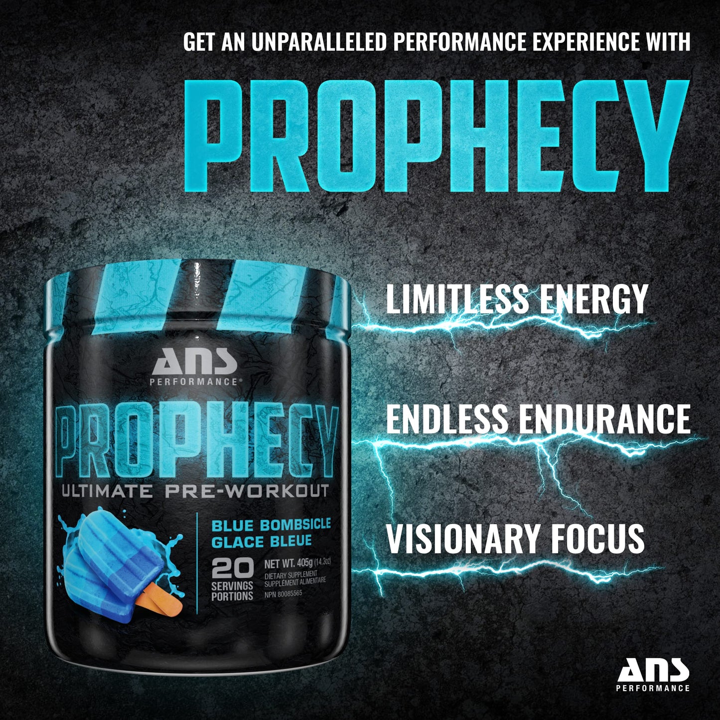 ANS Performance Prophecy Pre Workout Powder (20 Servings, 14.5 oz) - Gluten Free Pre-Workout Formula - Energy & Strength - Sugar Free- Increase Power & Workout Volum (Blue Bombsicle)