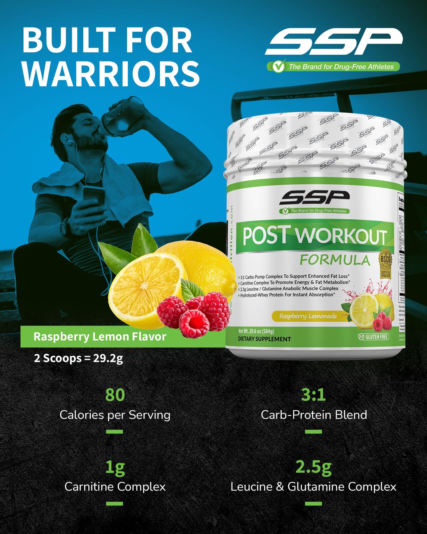 SSP Post-Workout Recovery Powder - Whey Protein Hydrolysate & BCAA Drink - BSCG Standard Sports Supplement - Raspberry Lemonade Flavored Nutrition