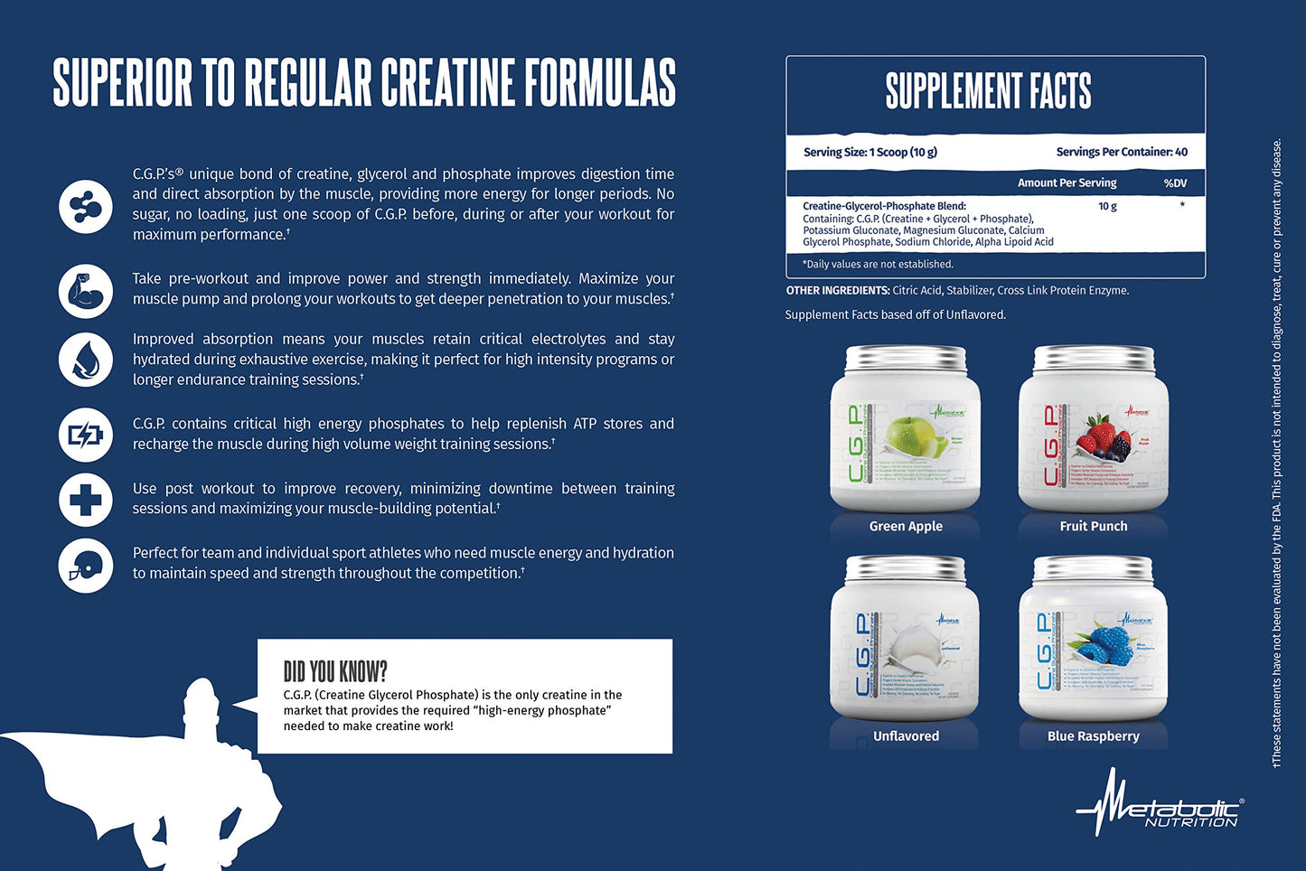 Metabolic Nutrition, CGP, Creatine Glycerol Phosphate, 100% Micronized Creatine Powder, Pre Intra Post Workout Supplement, Unflavored, 400 Grams