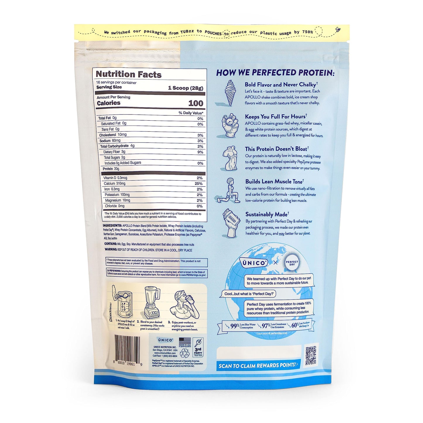 Unico Apollo Vanilla Milkshake Protein Powder - 100 Calories - 20g Protein - 0g Sugar - Non-Chalky & Easy to Digest - Whey/Casein Blend - Keeps You Full & Reduces Cravings | Great for Weight Loss