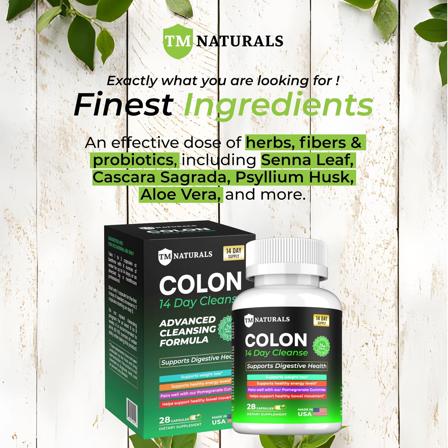TM NATURALS Colon 14 Day Cleanse - Support Gut Health, Cleanse and Detox - Finest Herbs Like Psyllium Hush, Cascara Sagrada & Senna Leaf - 28 Capsules - 2 Bottles