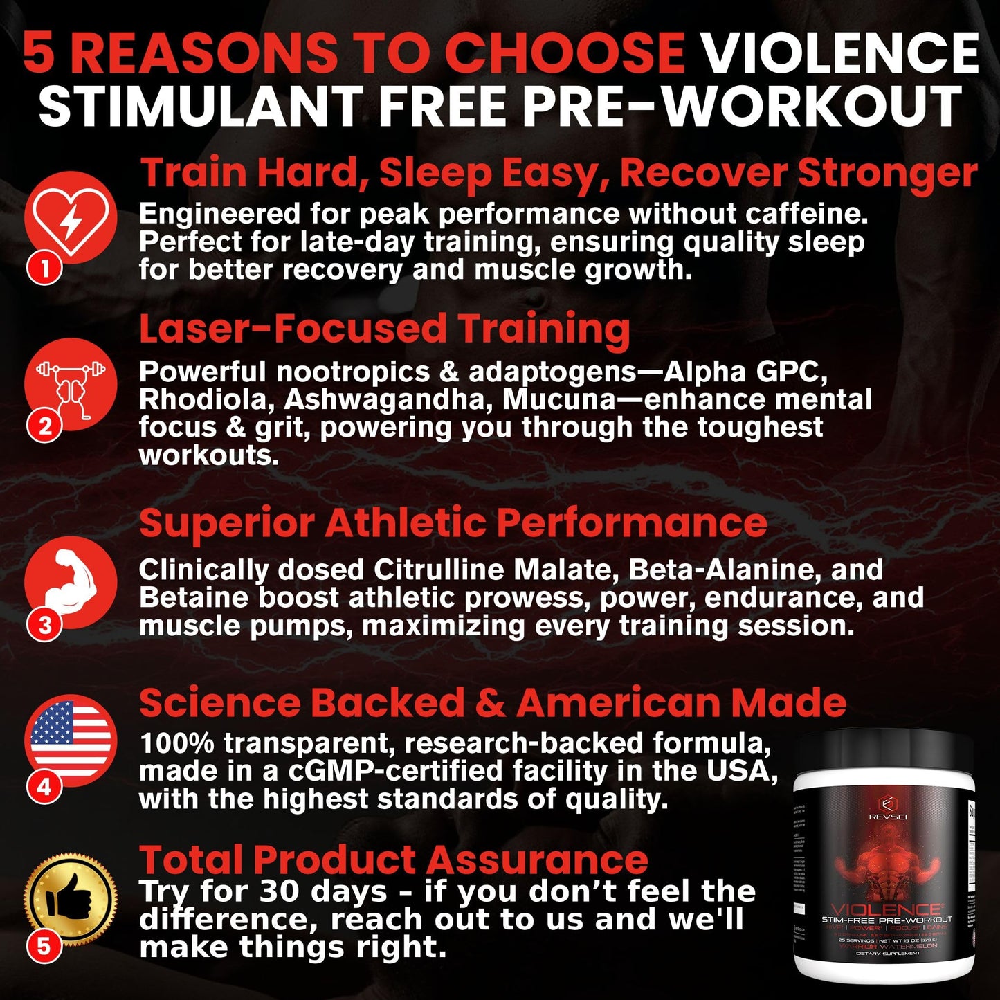 VIOLENCE Stim Free Pre Workout Powder by REVSCI, Precision Dosed Non Stim Preworkout Pump Pre Workout Caffeine Free Pre Workout Powder, Pump Supplement & Stimulant Free Nitric, Watermelon, 25 Servings