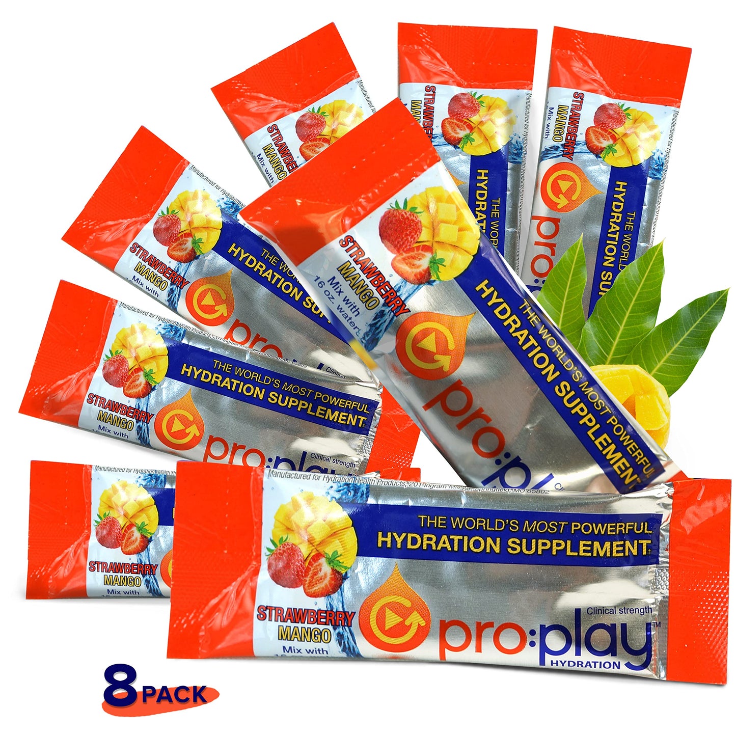 pro:play - 8 Stick Packs Strawberry Mango - Electrolyte Hydration Drink with Magnesium + Zero Sugar - All Natural