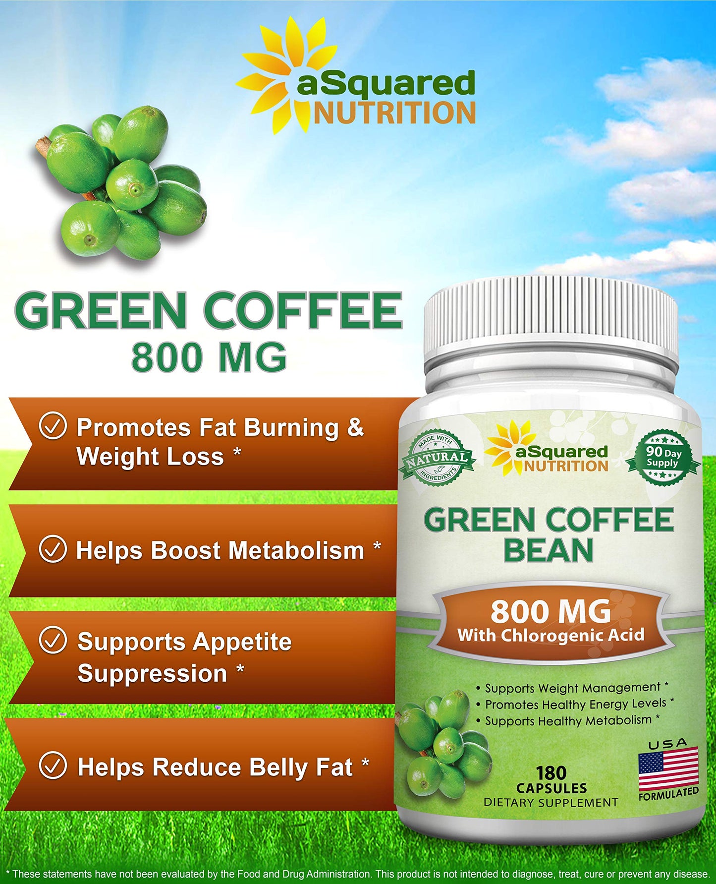 aSquared Nutrition Natural Green Coffee Bean Formula-180 Capsules-Max Strength GCA Antioxidant Cleanse for Pure Weight Loss, 800mg per Pill-Chlorogenic Acid-1600mg Daily Supplement, Healthy Fat Burner