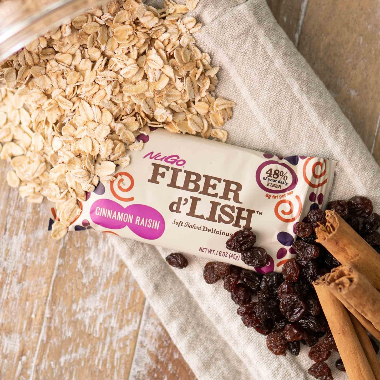 NuGO Fiber d'Lish Cinnamon Raisin, 12g High Fiber, Vegan, 150 Calories, 1.6 Ounce , 16 Count(Pack of 1)