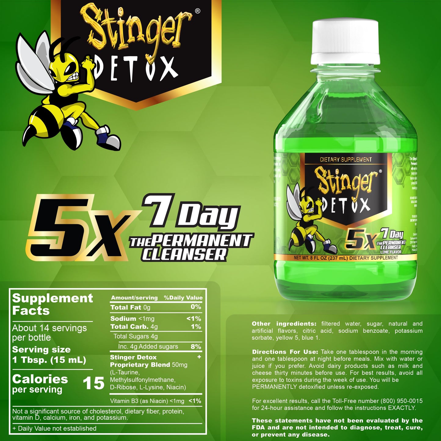Stinger Detox 5X 7-Day Extra Strength Permanent Drink - Lime Flavor - 8 FL OZ