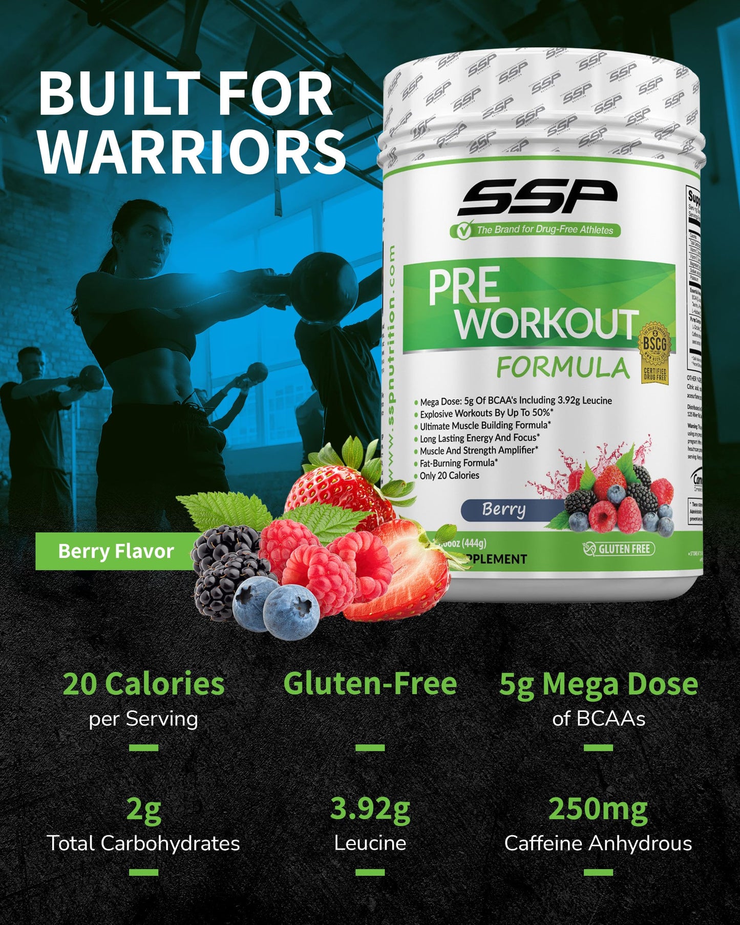 SSP Pre Workout Powder for Men & Women - High BCAA & Electrolytes Energy Drink for Performace & Focus - BSCG Standard Fitness & Endurance Supplement - Berry Flavored Pre-Workout Formula Nutrition