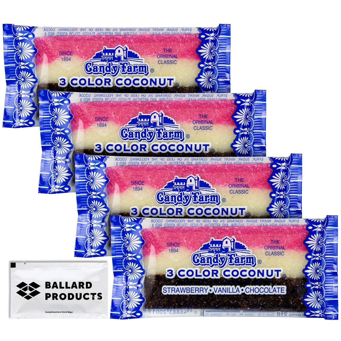 Candy Farm Neapolitan Coconut Candy Slices  4 Bars of Nostalgic Candy of Coconut  Old Fashioned Candy  Bundle with Ballard Products Moist Towelette