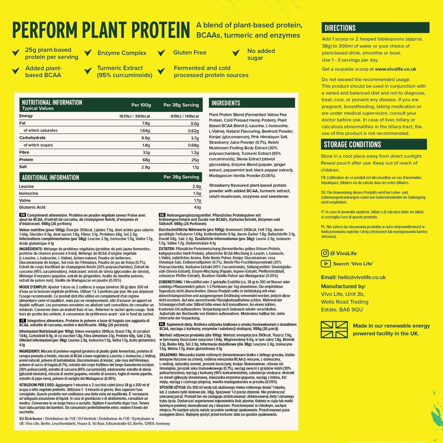 Vivo life Perform Plant Protein Powder - Strawberry & Vanilla, Vegan, 26 Servings - 2.17lb, BCAA Pea & Hemp Blend, Gluten & Soy Free