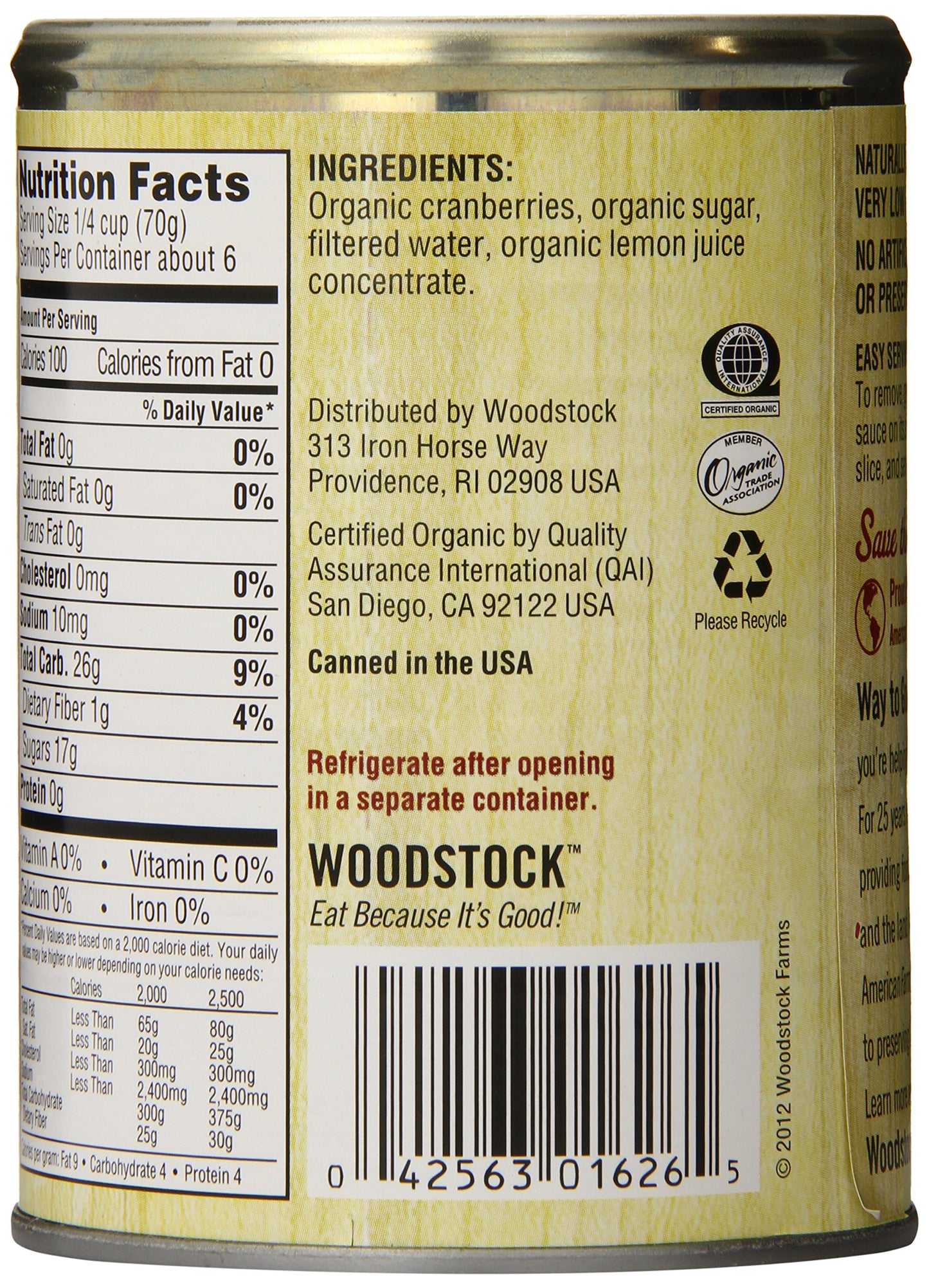 Woodstock Farms  Organic Jellied Cranberry Sauce  14 oz