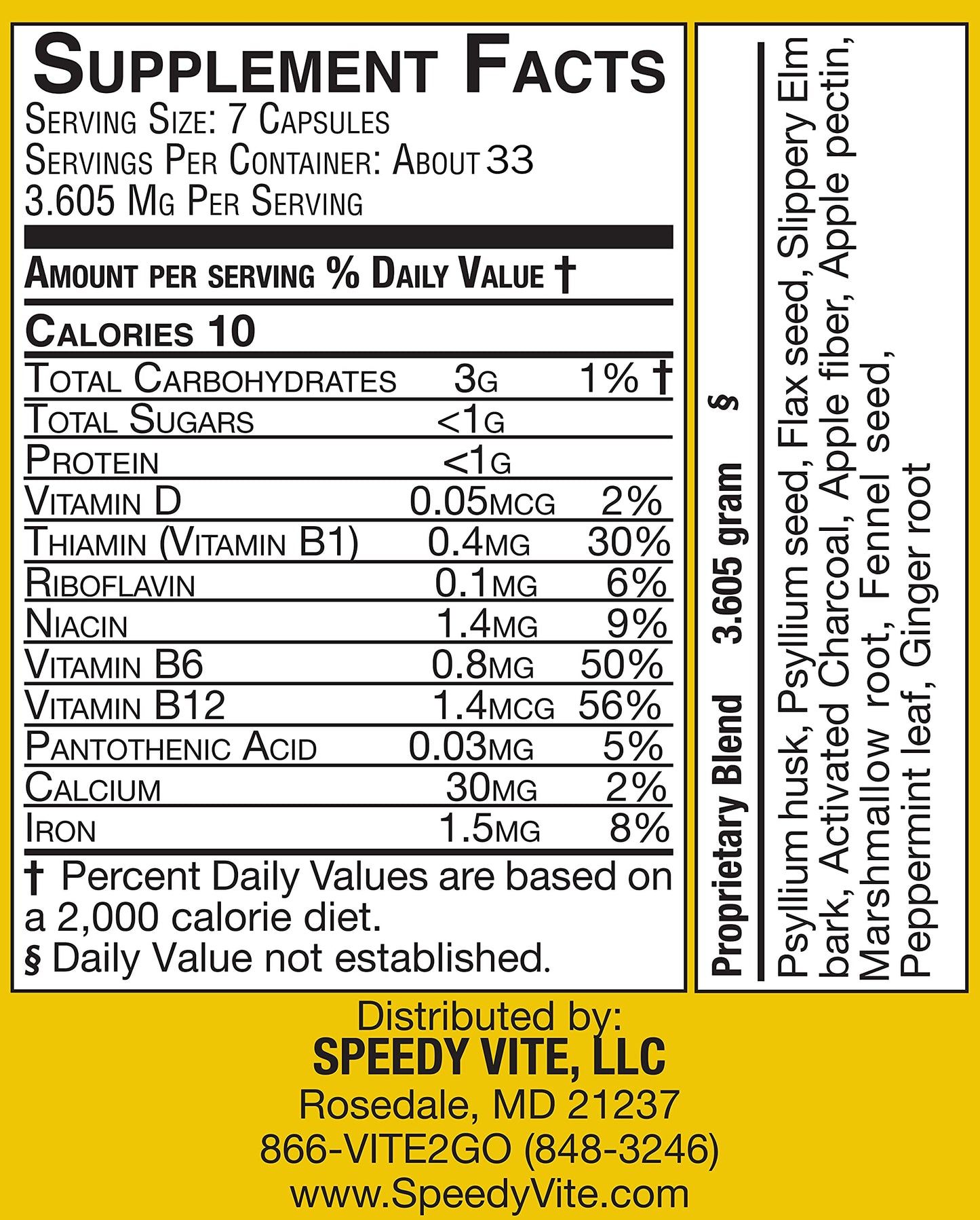 SpeedyVite Colon Detox Supports Natural Removal of Toxins* Organic, Charcoal Psyllium Seed & Husk Flax Seed Apple Fiber/Pectin Slippery Elm Fennel- Powder in 230 Veg Caps