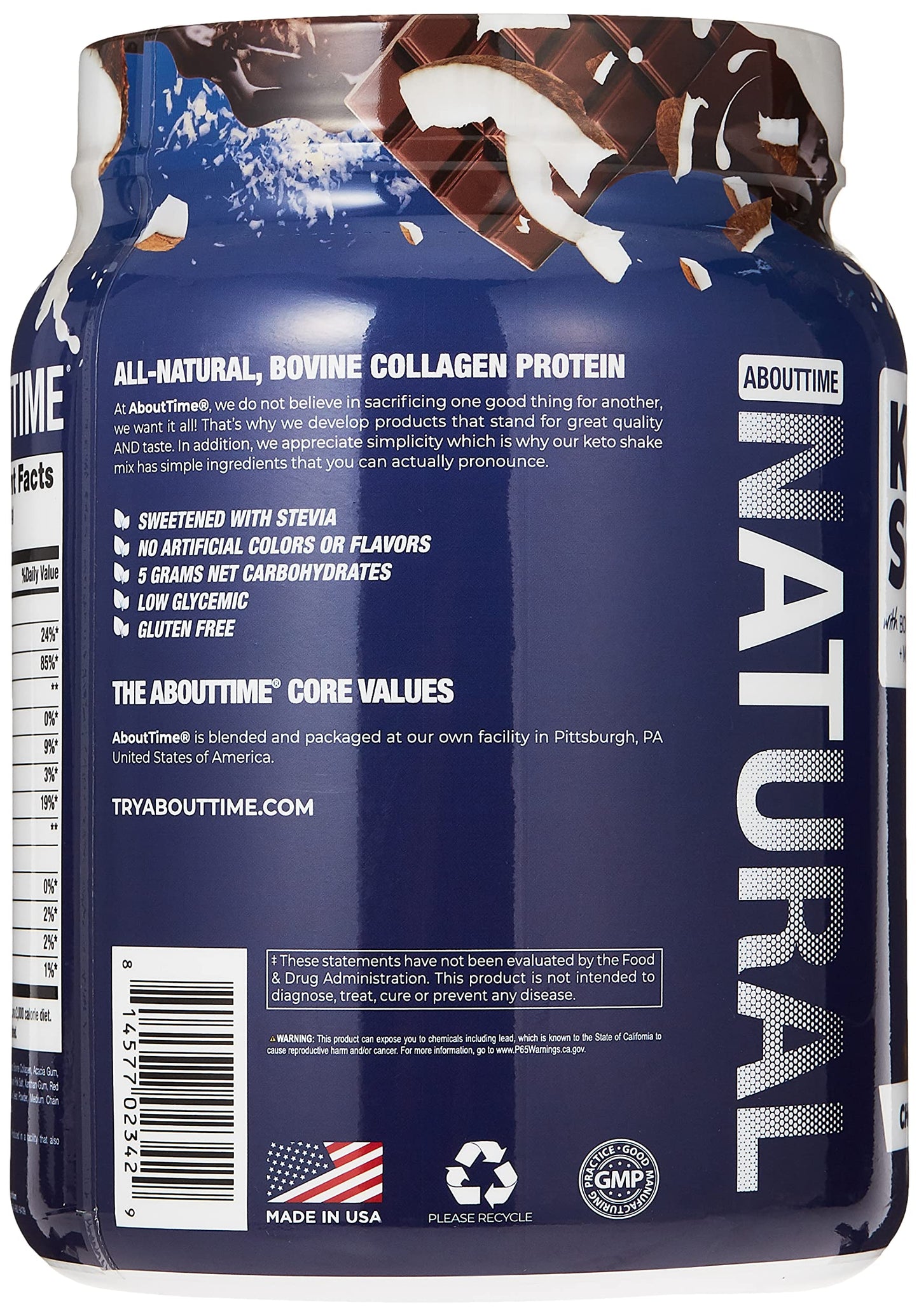 About Time Keto Shake with Bovine Collagen Protein + MCTs from Coconuts - 19g Fat, 11g Protein, 5g Net Carbs - Chocolate Coconut, 1lb Jar