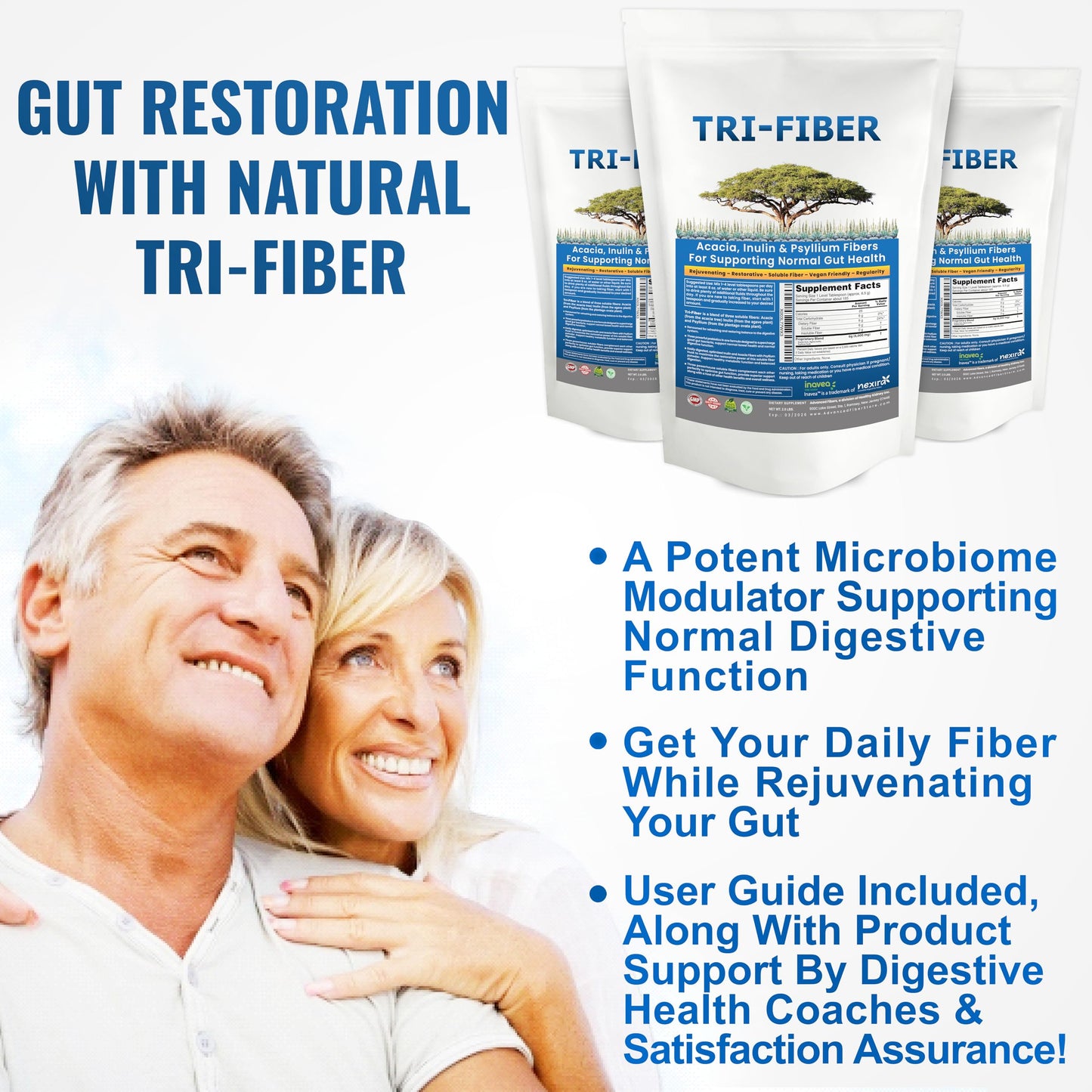 Tri-Fiber Soluble Fiber Powder, Unflavored High Fiber 3-in-1 Soluble Fiber Supplement for Digestive Support. Dietary Fiber 2x1lbs (2x16oz)