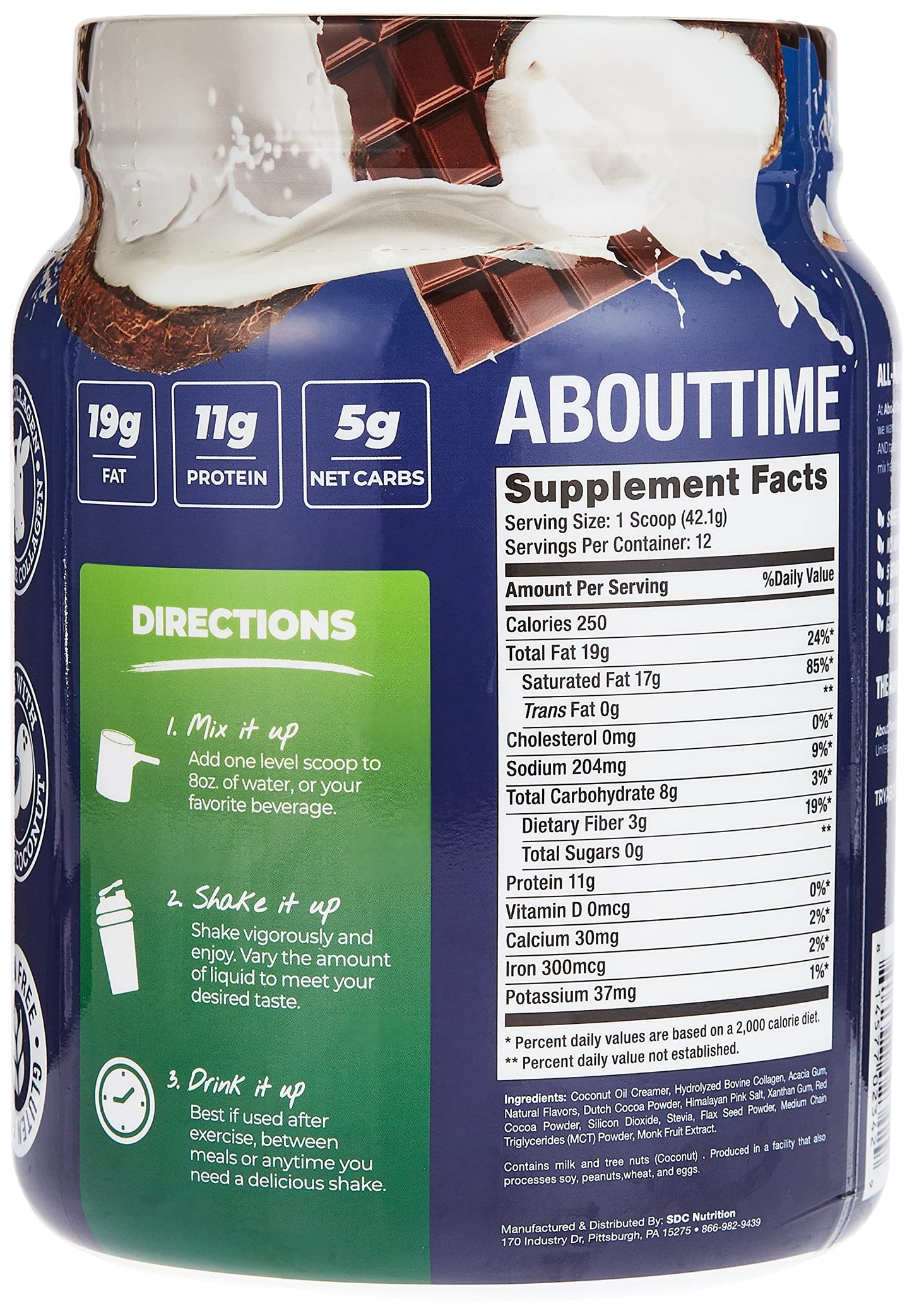 About Time Keto Shake with Bovine Collagen Protein + MCTs from Coconuts - 19g Fat, 11g Protein, 5g Net Carbs - Chocolate Coconut, 1lb Jar