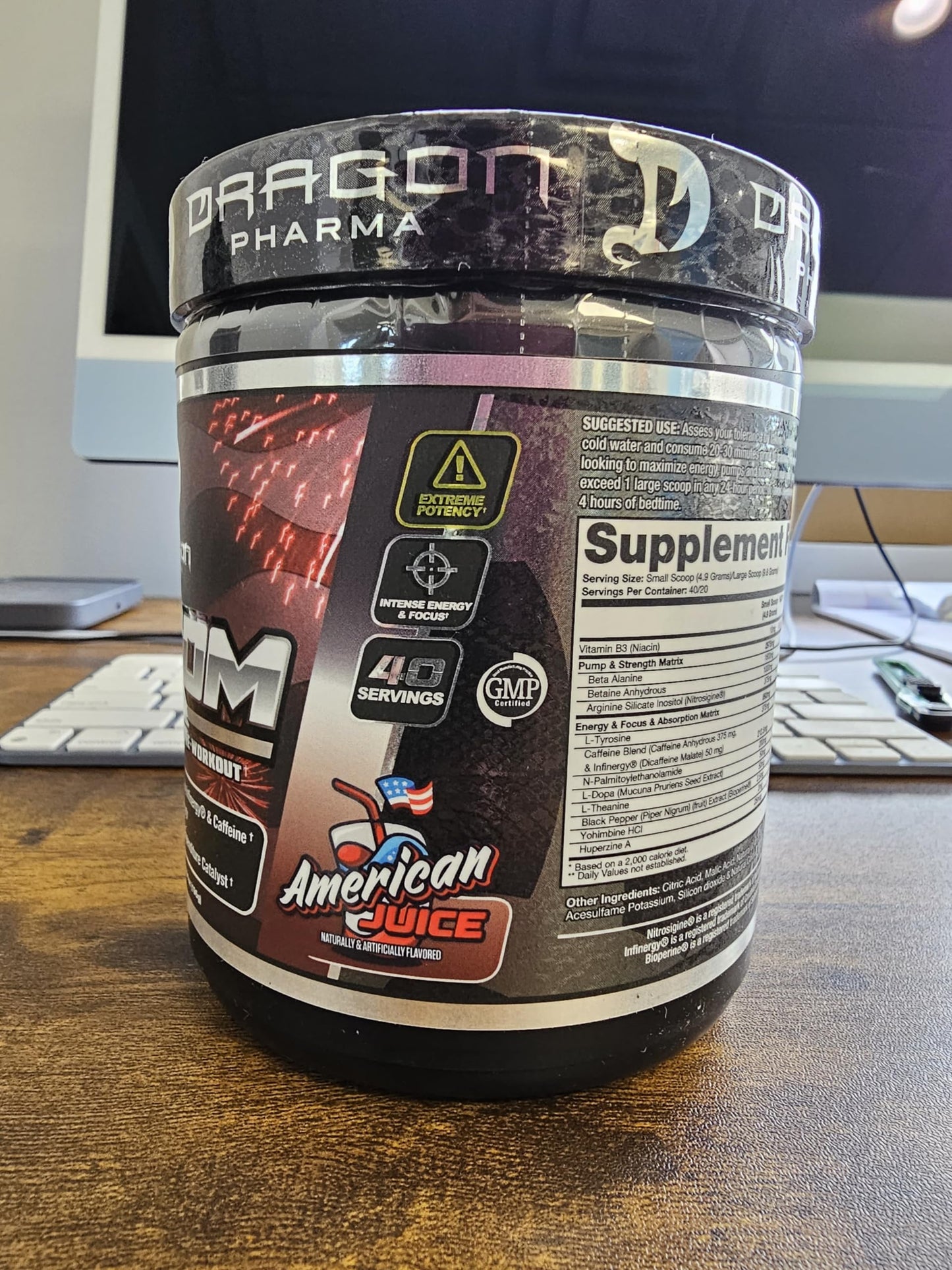 DRAGON PHARMA Venom Extreme Potency Pre-Workout, Laser Sharp Focus + Energy, Intense Performance, Proven Ingredients for Enhanced Vasodilation & Endurance (40 Servings, American Juice)