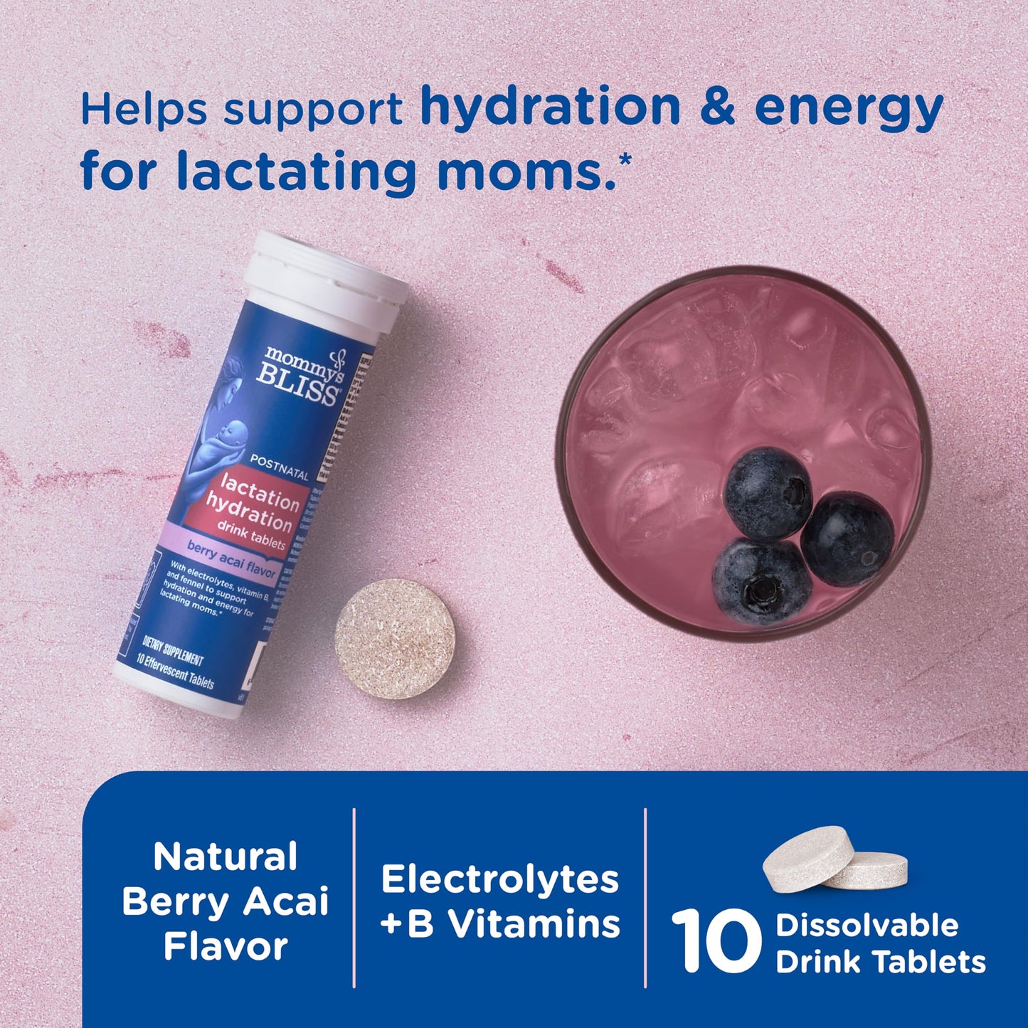 Mommy's Bliss Lactation Hydration Drink Tablets, Berry Acai Flavor, Electrolyes + B Vitamins, 1 Pack (10 Tablets)