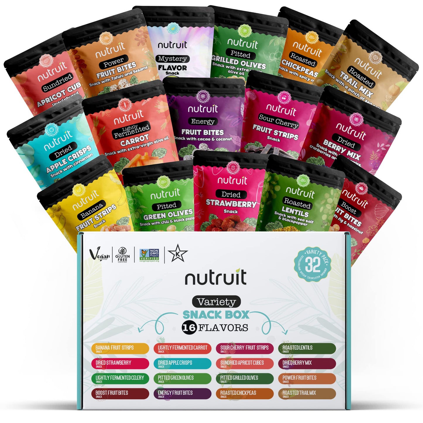 Nutruit Gourmet Healthy Snacks Mega Variety Box Pack of 32 Vegan Gluten Free No Added Sugar Non GMO Kosher Plant Based Protein High Fiber Snack Gift Box for Family Kids Adults 12oz Packs