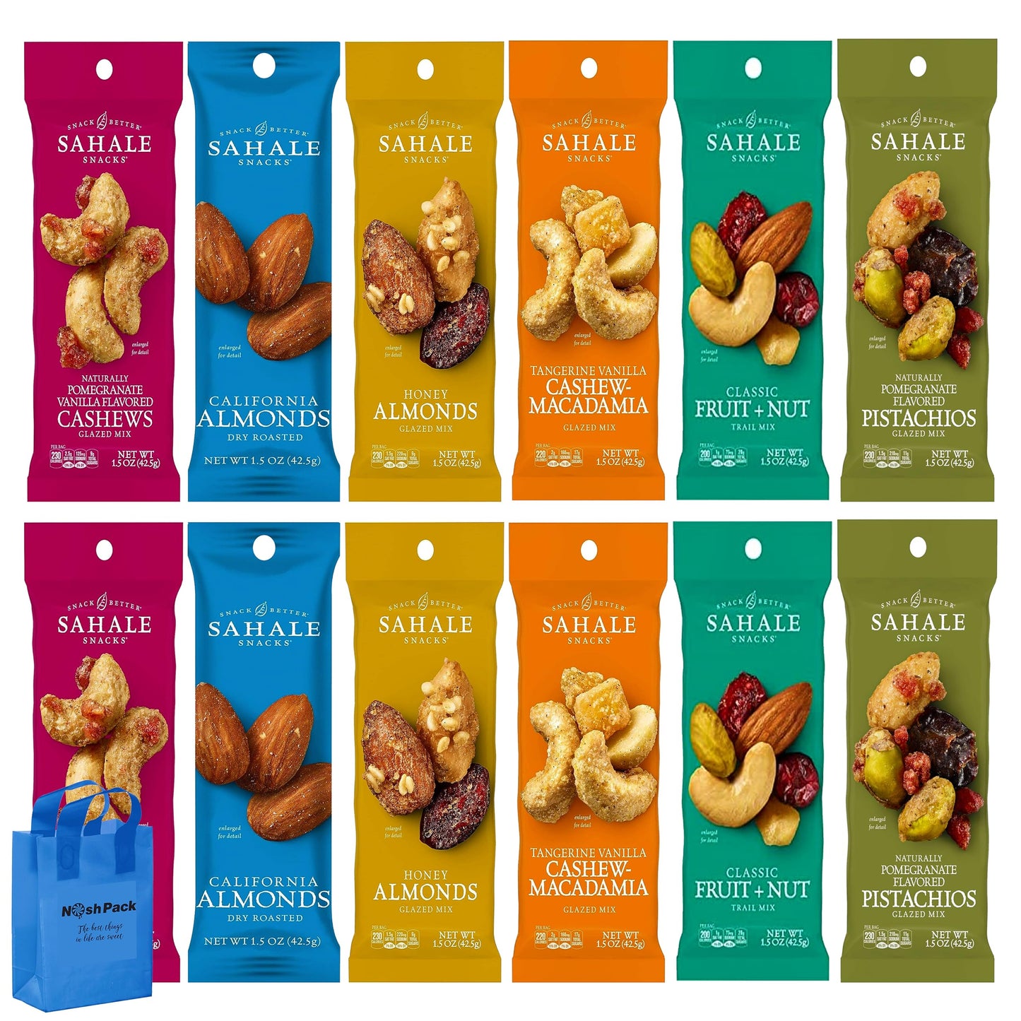 NOSH PACK Sahele Snacks Variety Pack Nuts  12 Pack 15 Oz Bulk Snack Packs Honey Almond Roasted Almond Pomegranate Pistachio Pomegranate Vanilla Cashew Tangerine Vanilla Macadamia with NP Bag