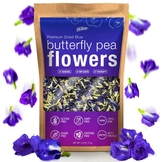 La Terra Premium Dried Blue Butterfly Pea Flower 35 OZ 100 Raw with No Fillers or Additives Gluten Dairy Caffeine Sugar Free Vegan Keto Friendly Hot and Cold Beverages
