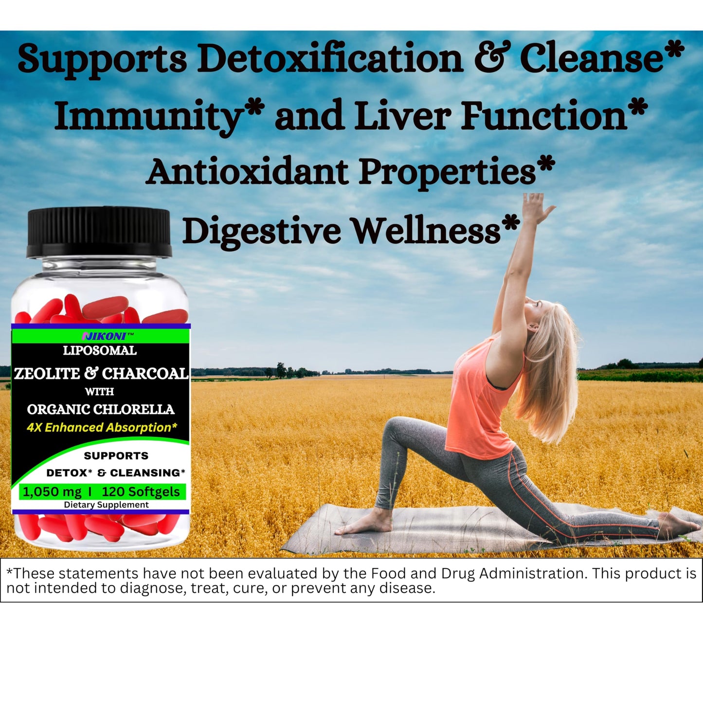 Nikoni Liposomal Zeolite, Activated Charcoal & Organic Chlorella, Supports Full Body Detox (240 Softgels)
