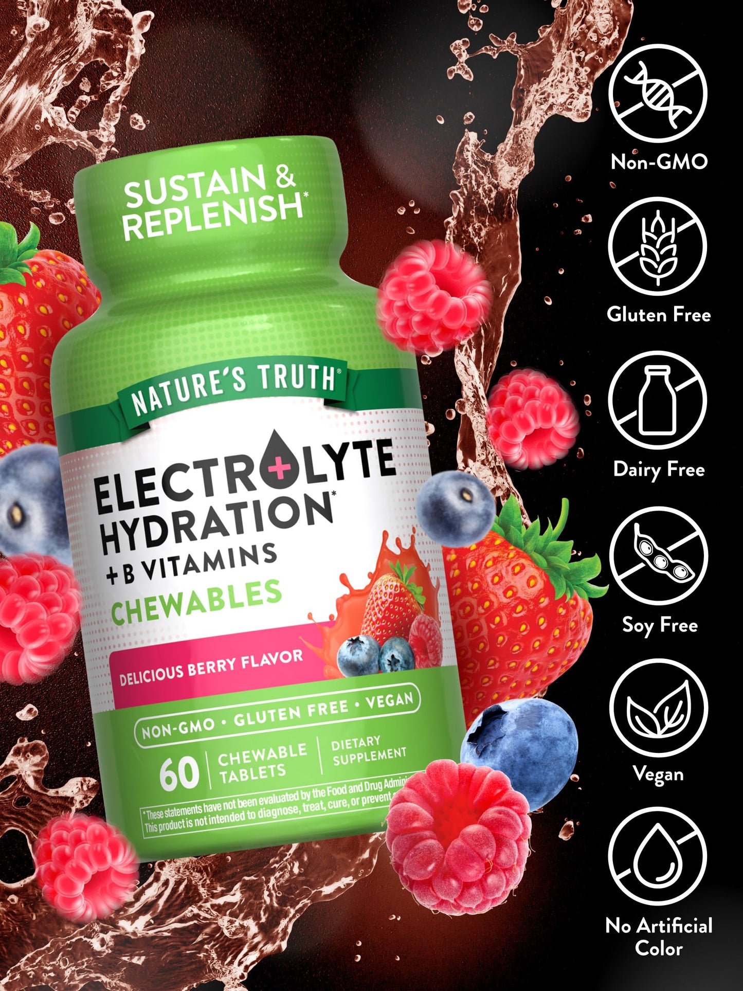 Nature's Truth Electrolyte Tablets | 60 Count | Non-GMO & Gluten Free Chewable Supplement for Hydration | Berry Flavor