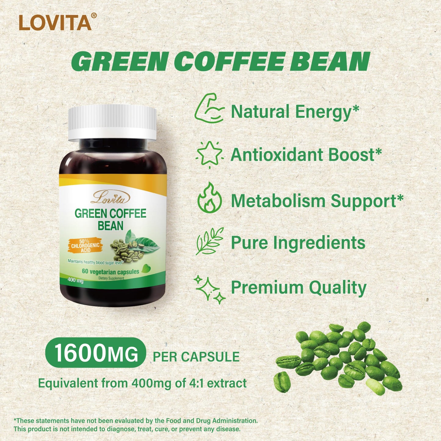 Lovita Green Coffee Bean Extract: Natural Antioxidant, High Potency, 50% Chlorogenic Acid, Vegan-Friendly Dietary Supplement - 60 Capsules