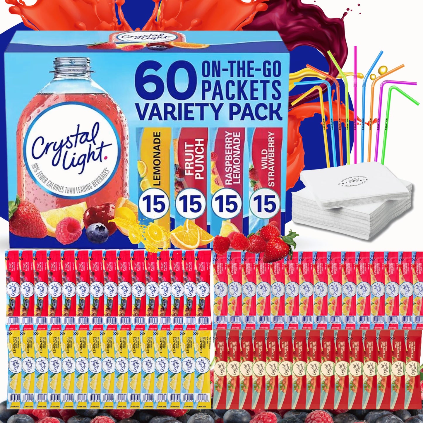 Crystal Light Packets Variety Pack 60 Flavored Drink Mix Packets Fruit Punch Raspberry Lemonade and Wild Strawberry Packets SugarFree Powdered Drink Mix with Drinkolin Straws  Fits 169 oz Bottles