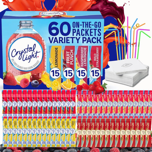 Crystal Light Packets Variety Pack 60 Flavored Drink Mix Packets Fruit Punch Raspberry Lemonade and Wild Strawberry Packets SugarFree Powdered Drink Mix with Drinkolin Straws  Fits 169 oz Bottles