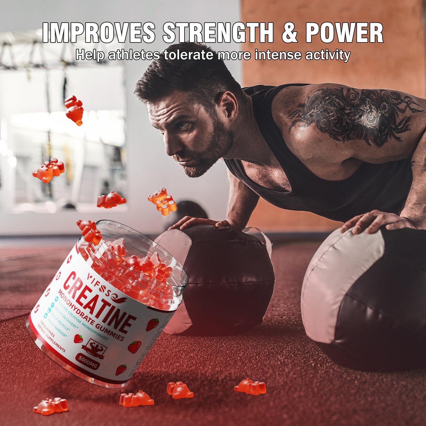 VIFSSG Creatine Monohydrate Gummies 5 g for Men & Women, 120 Sugar Free Gummies with 200 Mg Magnesium Glycinate, 200 Mg L-Threonate for Muscle Support, Energy Boost