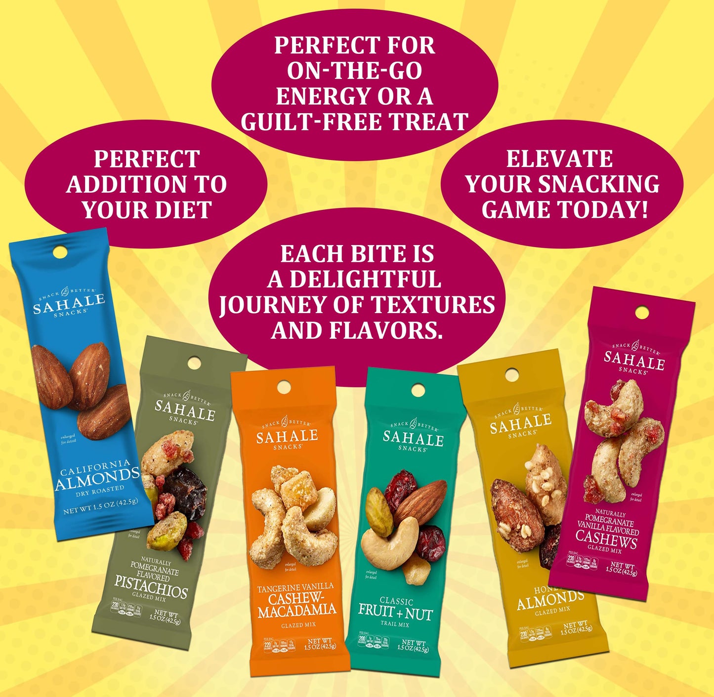 NOSH PACK Sahele Snacks Variety Pack Nuts  12 Pack 15 Oz Bulk Snack Packs Honey Almond Roasted Almond Pomegranate Pistachio Pomegranate Vanilla Cashew Tangerine Vanilla Macadamia with NP Bag