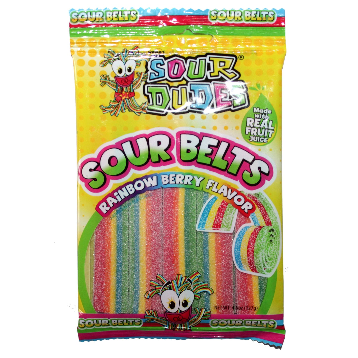 Sour Dudes 1 Bag Sour Belts  Rainbow Berry Flavor  Made With Real Fruit Juice Sour  Sweet Candy  45 oz