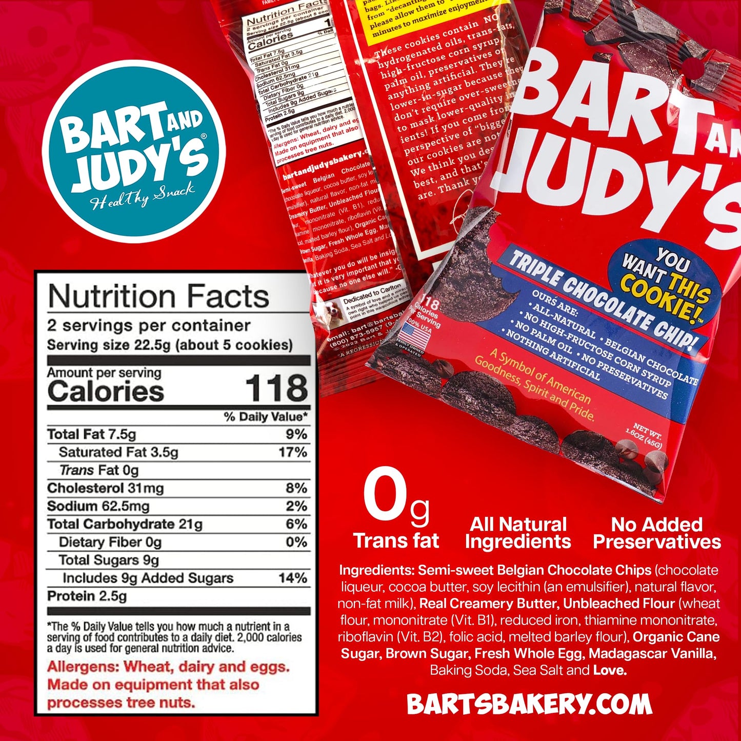 Bart  Judys Gourmet Chocolate Chip Cookies Made With Only Delicious Natural REALIngredients Homemade Goodness Cookie Snack Triple Chocolate Flavor 16 Oz 6 Pack
