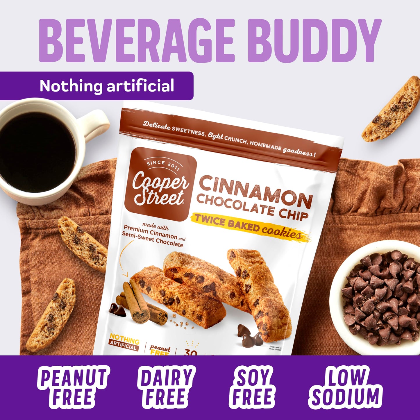 Cooper Street Italian Biscotti Cookies  Twice Baked Biscotti Style Cookie Biscuits in Delicious Cinnamon Chocolate Chip  Crispy Light and Healthy Cookies  Peanut  Dairy Free  5oz  1 Pack