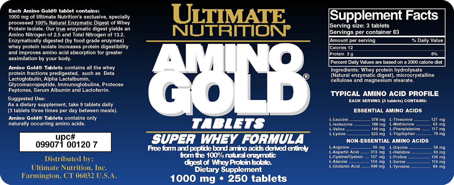 Ultimate Nutrition Amino Gold Tablets- Branch Chain Amino Acids Supplement for Muscle Building, Workout Recovery, Lean Muscle, and Athletic Performance- Whey Protein Isolate, 250 Tablets