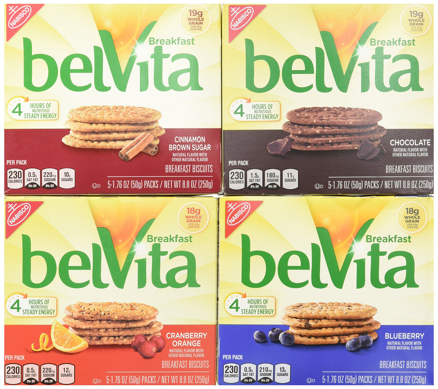 BelVita Breakfast Biscuits Variety Pack  Blueberry Chocolate Cinnamon Brown Sugar  Cranberry Orange 1 88 oz Box of Each Flavor Bundle of 4