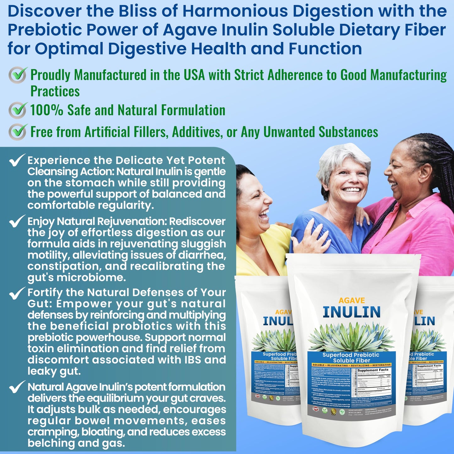 Kidney Restore Organic Inulin Powder (48oz/3 lbs) Gentle Agave Prebiotic Soluble Fiber Supplement for Digestive Support, Gut Health, Vegan Baking, Smoothies & Drinks